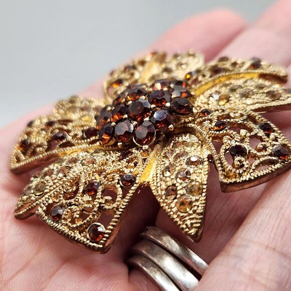 Vintage Filigree Brooch 2" Amber & Champagne Rhinestone Floral Open Scrollwork - Picture 4 of 9